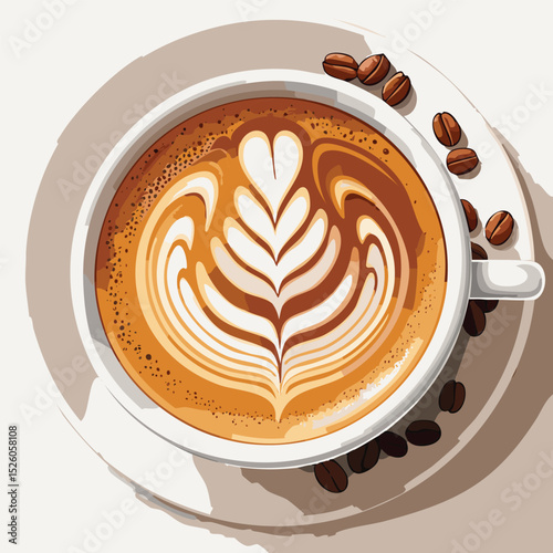 Realistic Top-Down View of Latte Art Coffee – Detailed Cappuccino with Foam Design Illustration