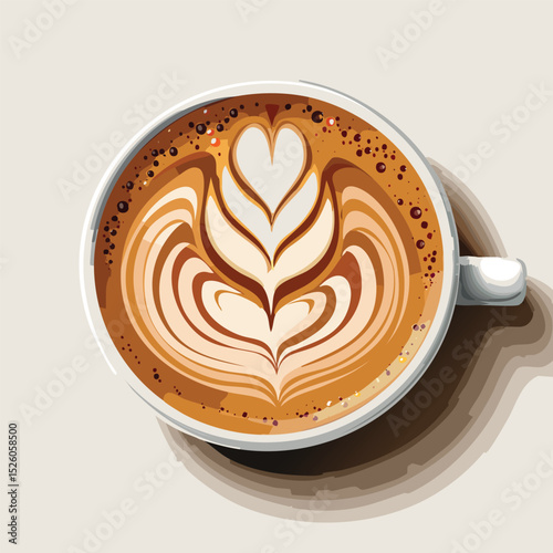 Realistic Top-Down View of Latte Art Coffee – Detailed Cappuccino with Foam Design Illustration
