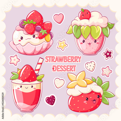 Strawberry dessert. Set of stickers with cute characters in kawaii style. Cake, muffin, smoothie with whipped cream and strawberry. Can be used for t-shirt print, sticker, greeting card. Vector EPS8