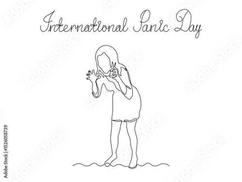 International Panic Day. Girl,woman panicking,angry,screaming,nervous,indignant, continuous single line art hand drawing sketch logo