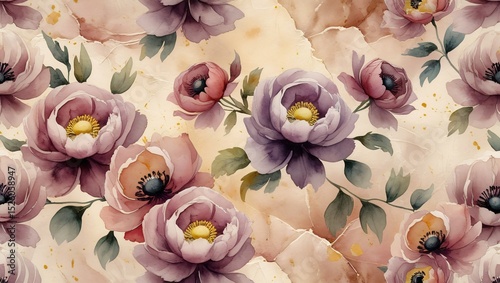 Fototapeta Naklejka Na Ścianę i Meble -  Seamless watercolor pattern of peonies and anemone flowers in dusty rose and mauve tones on vintage paper texture