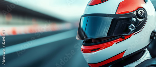 Close-Up of a Race Car Driver in Helmet Standing on the Circuit with Speedway in Background