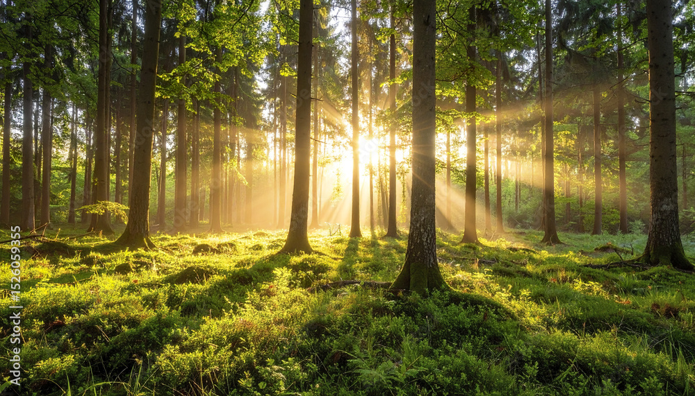 Obraz premium Sunbeams piercing through vibrant green forest at sunrise create magical atmosphere