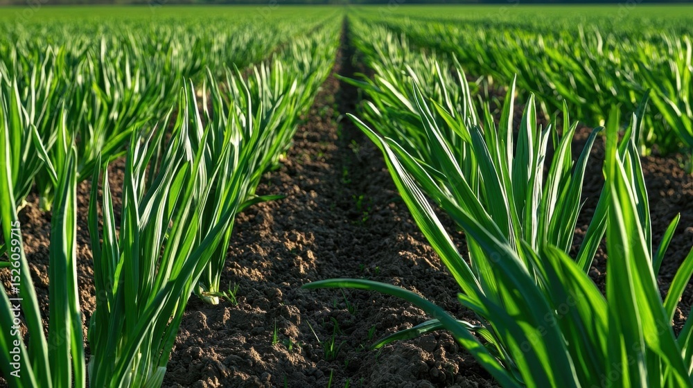 Fototapeta premium Vast field of green onions growing in neat rows. the onions are tall and slender, with long, pointed leaves that are a vibrant green color.