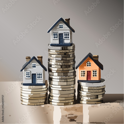 A clean vector series showing small stylized homes balanced on stacks of coins, representing real estate investment, housing affordability, mortgages, and property value