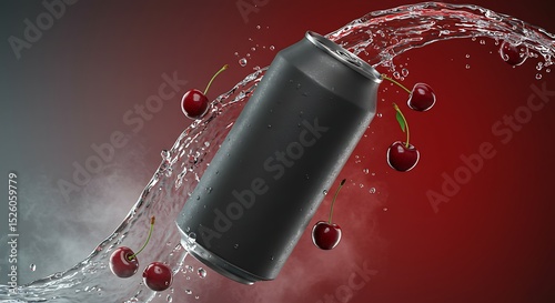 Black Soda Can Surrounded by Splashing Water and Floating Cherri