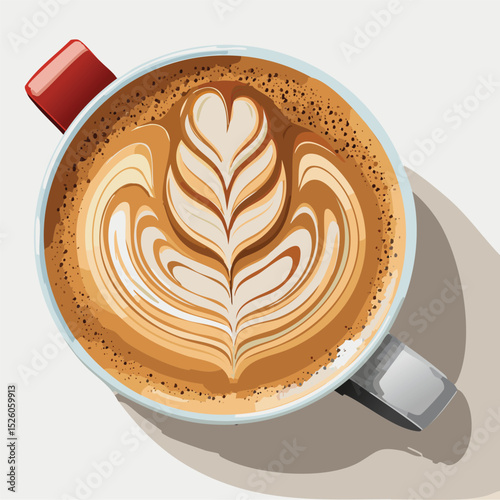 Realistic Top-Down View of Latte Art Coffee – Detailed Cappuccino with Foam Design Illustration