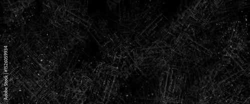Abstract blueprint design displaying detailed architectural plans and technical sketches on a black background