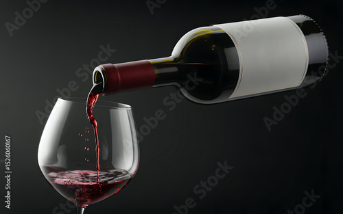 dark wine bottle releasing deep red liquid into a classic glass with ambient highlights and contrast