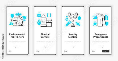 Physical security audit components mobile onboarding screen. Guard preparedness control UX UI illustration. Flat outline style icons with blue accent. Informa Pro Bold, Montserrat Light fonts used