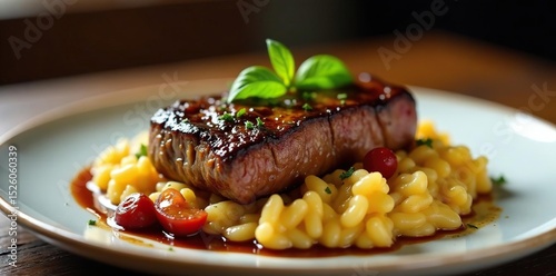 Fototapeta Naklejka Na Ścianę i Meble -  Juicy steak, rich risotto, glossy balsamic, elegant presentation, culinary, gastronomy