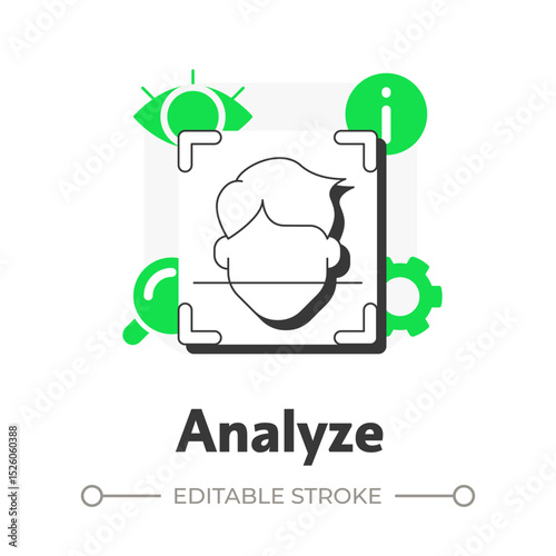Analyze events flat outline concept icon. Physical security ecosystem. Evaluating data from detection systems. Modern line illustration with green glyphs. Conceptual visual. Easy to edit