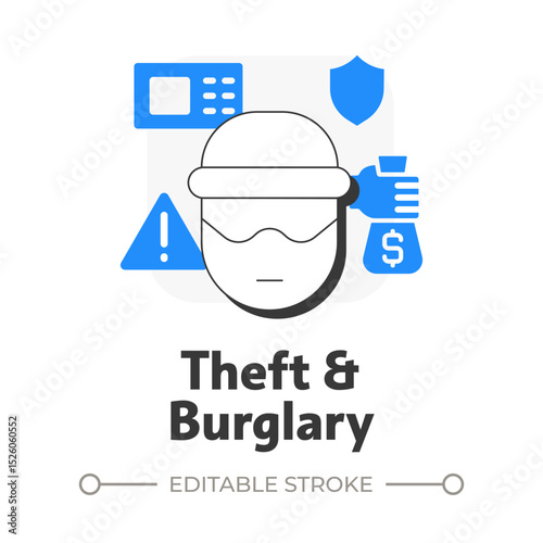 Theft and burglary flat outline concept icon. Physical security threat and risk. Illegal removal of personal property. Modern line illustration with blue glyphs. Conceptual visual. Easy to edit