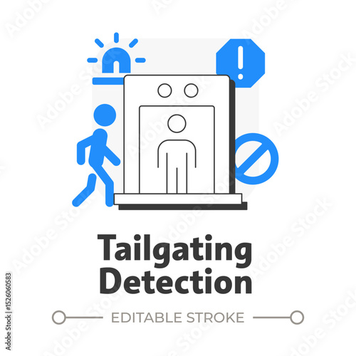 Tailgating and piggybacking flat outline concept icon. Physical security threat and risk. Unauthorized entry prevent. Modern line illustration with blue glyphs. Conceptual visual. Easy to edit