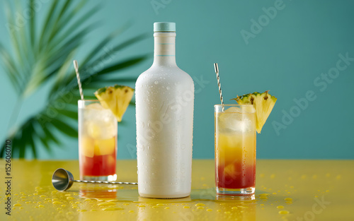 Coconut flavored white rum bottle surrounded by pineapple garnished cocktails on vibrant yellow table