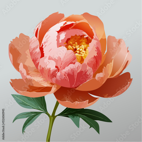 A vibrant vector trio of coral-colored peony blooms, each with lush, ruffled petals and deep green leaves, ideal for seasonal, decorative, or botanical-themed designs.