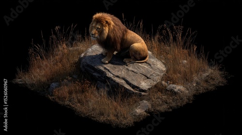 Lion atop a rock overlooking a dry landscape.