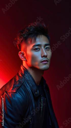 Portrait of a Young Man in a Black Leather Jacket Under Dramatic Red Light