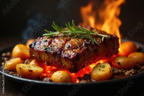 Juicy roasted meat, golden potatoes on glowing embers, countryside setting, countryside