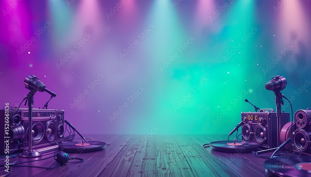 Obraz premium Vintage sound system on a stage bathed in vibrant lighting.