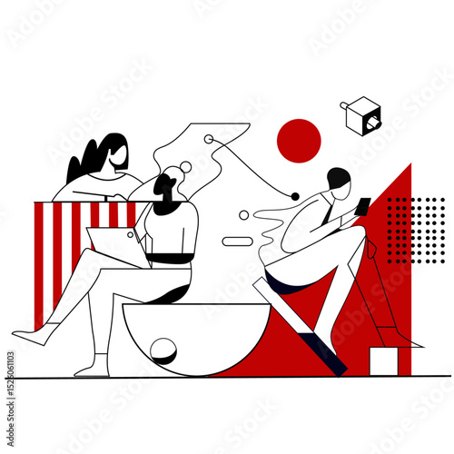 orking together concept men and women hold different geometric shapes tea