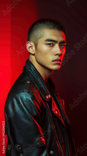 Portrait of a Young Man in a Black Leather Jacket Under Dramatic Red Light