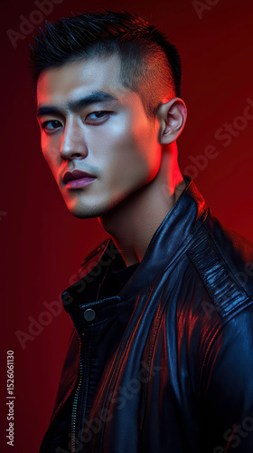 Portrait of a Young Man in a Black Leather Jacket Under Dramatic Red Light