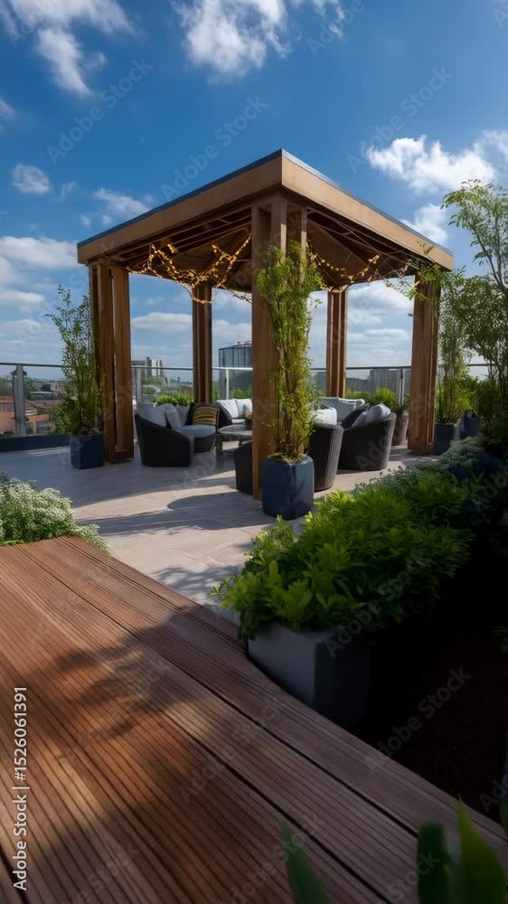 Rooftop terrace garden with wooden pergola and outdoor seating area under bright sky, offering a luxurious urban oasis for relaxation and socializing Rooftop terrace garden with wooden pergola and outdoor seating area under bright sky, offering a luxurious urban oasis for relaxation and socializing
