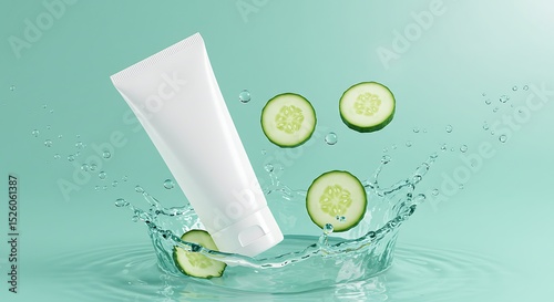 Cucumber Slices and Skincare Tube in Water Splash Composition.