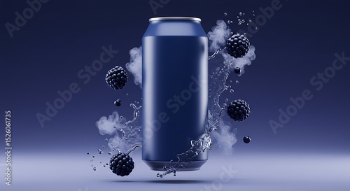Dark Blue Can Surrounded by Blackberries, Water Splashes, and Va