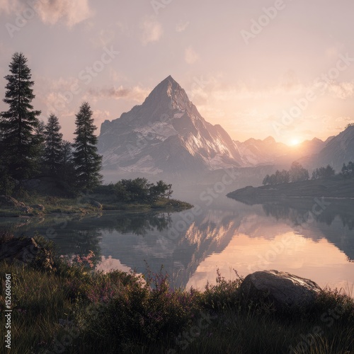 Mountain sunrise in calm nature, a moment of peace and serenity