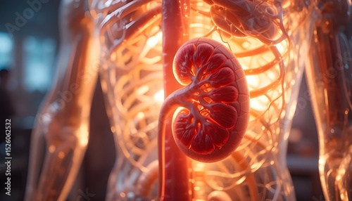 Illustrating the vital role of a healthy kidney within the human body glowing with life force and well being and bright