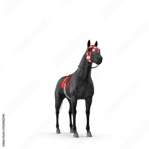 Black Racing Horse with Red Saddlecloth Number One Isolated on Transparent Background