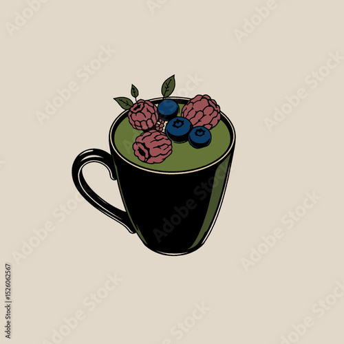 Delicious green smoothie filled with blueberries, and fresh fruit. Perfect for detox themes, healthy lifestyle brands, menu designs, and health visuals. Smoothie cocktail or detox day poster in doodle