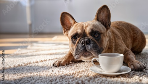 Cute French Bulldog Lounging on Carpet with Coffee Cup Playful Pet Portrait in Warm Living Space, Showcasing Cozy Textures and Rich Tones