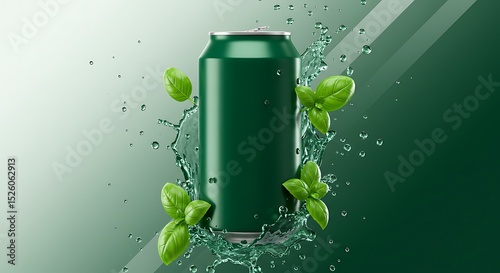 Green Can Surrounded by Basil and Water Splash