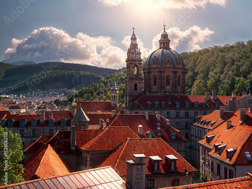 rooftop tiles cityscape of Prague Czechia with historic dome sunny