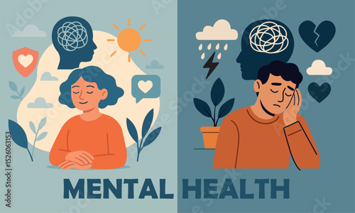 Vector illustration showing the contrast between good and poor mental health.