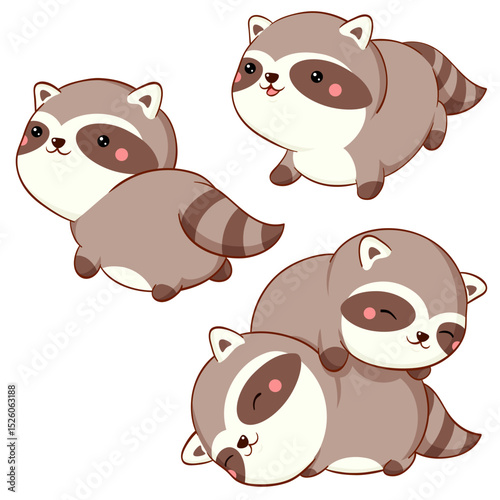 Set of cute cartoon pet. Baby collection of lovely little raccoon in different poses. Sweet baby animal in kawaii style. Can be used for t-shirt print, sticker, greeting card design. Vector EPS8
