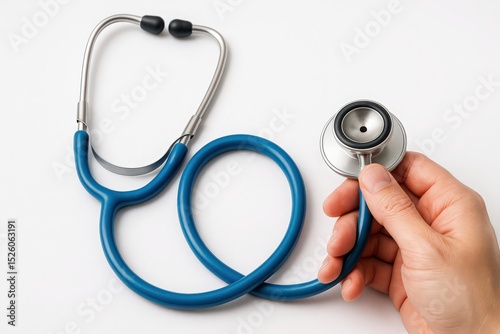 A close up image of a modern stethoscope on a white background with a hand holding the bell of the medical instrument