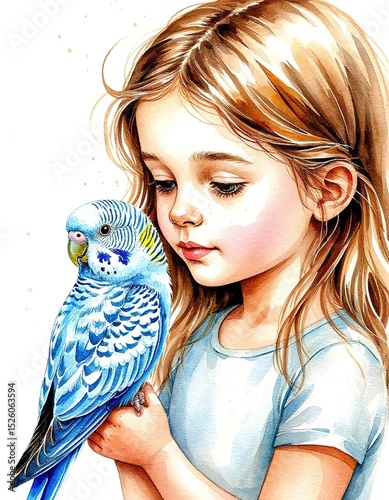 girl with cute parrot budgie pet. watercolor illustration, card, poster, print. friendship, love and care for animals.