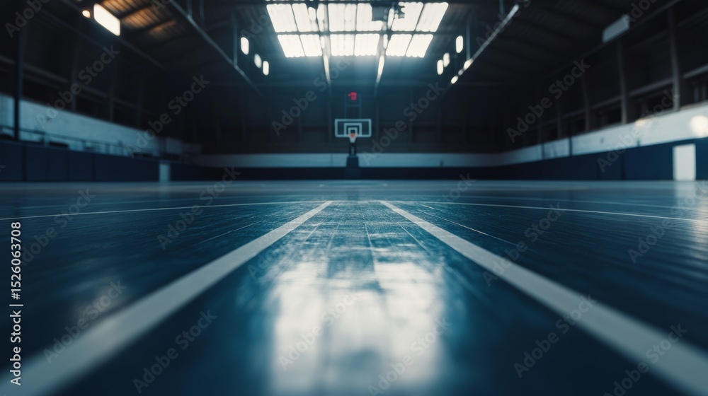 Fototapeta premium A basketball court with a focus on the three-point line, indoor setting with artificial lighting, Urban style
