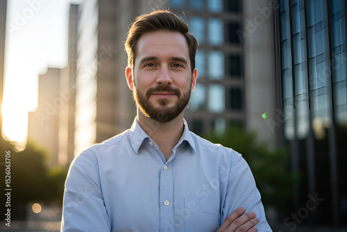 Positive caucasian businessman smiling confidently during golden hour outside office building for personal branding and professional use in corporate marketing presentation