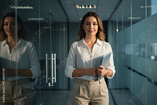 Smiling caucasian female executive in smart outfit confidently posing inside modern glass office corridor for corporate branding and professional profile visual communication