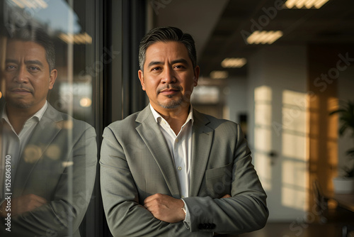 Confident Middle-aged businessman standing with arms crossed near glass office wall with reflection during sunset for leadership branding and corporate business identity content