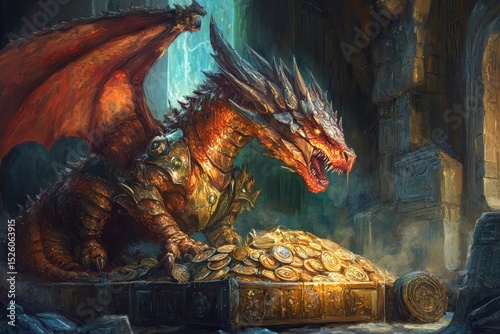 Cyborg dragon guards a massive treasure hoard in a mystical cave illuminated by faint light