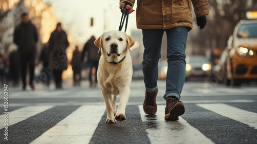 Person walks Labrador dog on city street, showcasing professional urban lifestyle. scene captures essence of companionship and daily life in urban environment