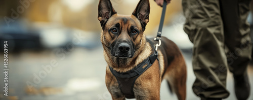 Well groomed dog stands attentively on leash, showcasing its strong physique and alert expression. background features blurred urban setting, enhancing focus on dog