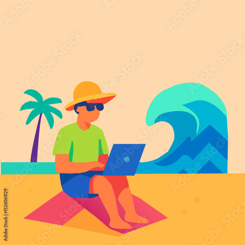 Man working laptop on beach towel under palm ocean wave