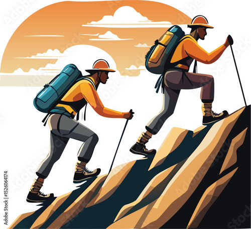 Silhouette of People Climbing a Mountain – Adventure and Teamwork Illustration